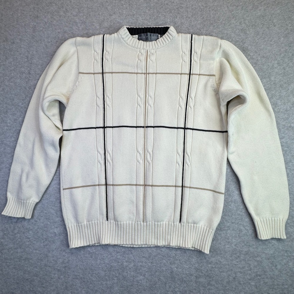 Oscar‎ de la Renta Mens L Cotton Sweater Cream Windowpane Cable Knit Crew Neck